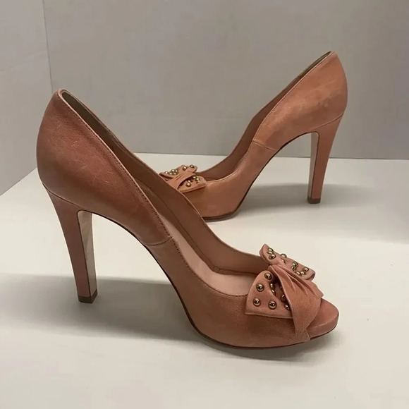 Valentino Red V High Heel Pumps Shoes Peep Toe Studded BowCoral Pink  Size 40 10 - Picture 9 of 12